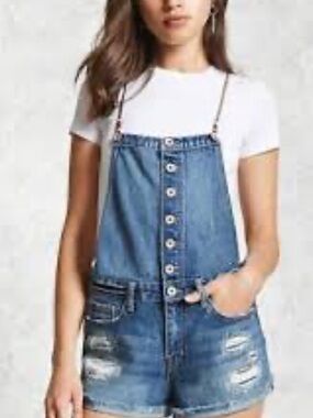 FOREVER 21 Distressed Denim Overall with faux leather straps button front